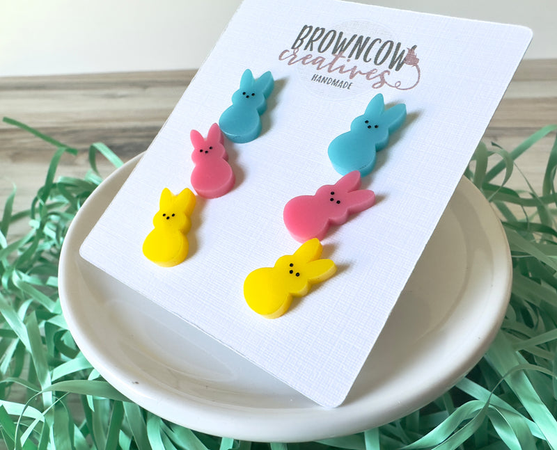 Marshmallow Bunny Easter Stud Earrings, Easter Bunny Stud Earring Set