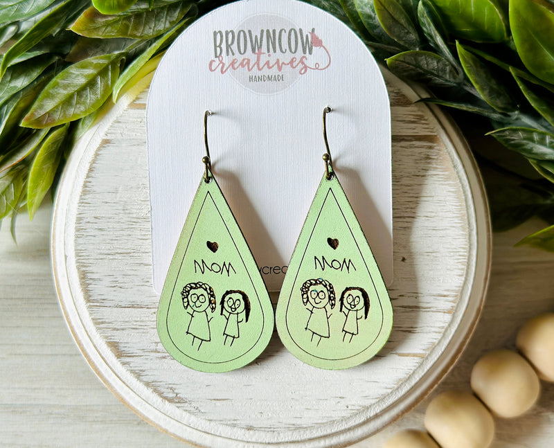 Unique Mother's Day Gift, Engraved Kids Drawing Earrings, Mothers Day Gift, Engraved Earrings, Wood Earrings, Dangle Earrings, Gifts for Her