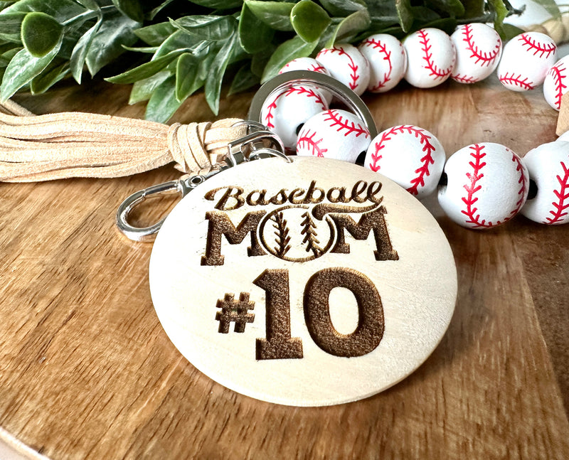 Baseball Wristlet Keychain, Baseball Wooden Wristlet Keychain, Baseball Mom Wristlet, Custom Number Baseball Mom Wristlet, Engraved Number