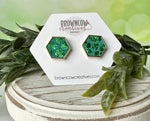 Shimmer Leopard Emerald Green Hexagon Leather Stud Earrings, St. Patrick's Day Stud Earrings