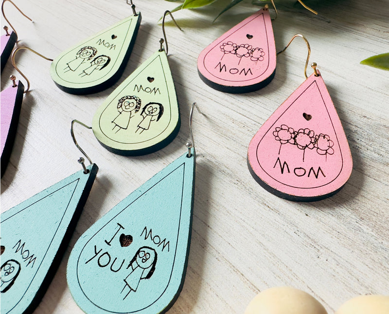 Unique Mother's Day Gift, Engraved Kids Drawing Earrings, Mothers Day Gift, Engraved Earrings, Wood Earrings, Dangle Earrings, Gifts for Her