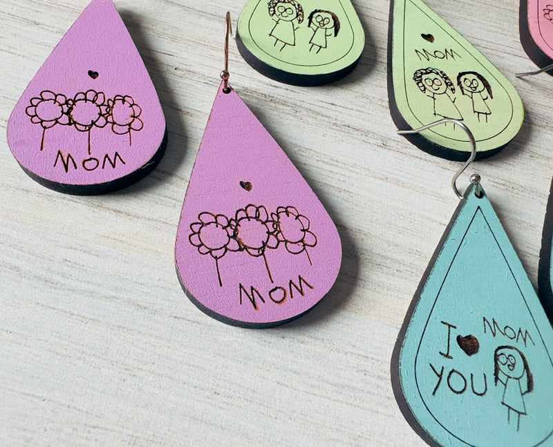 Unique Mother's Day Gift, Engraved Kids Drawing Earrings, Mothers Day Gift, Engraved Earrings, Wood Earrings, Dangle Earrings, Gifts for Her