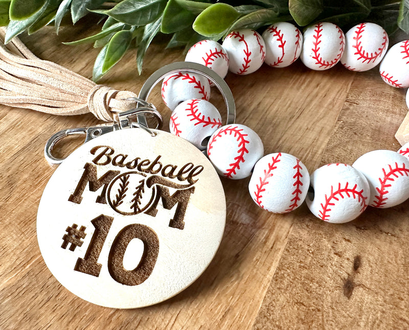 Baseball Wristlet Keychain, Baseball Wooden Wristlet Keychain, Baseball Mom Wristlet, Custom Number Baseball Mom Wristlet, Engraved Number