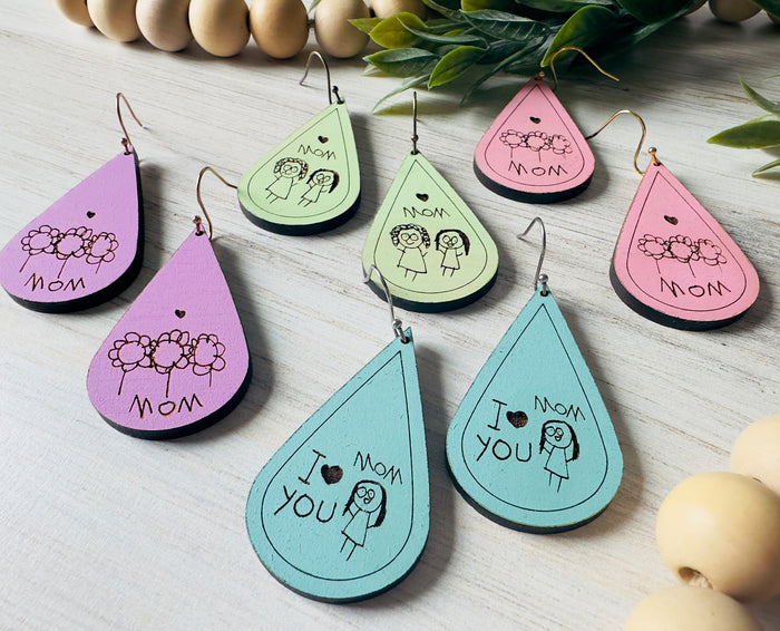 Unique Mother's Day Gift, Engraved Kids Drawing Earrings, Mothers Day Gift, Engraved Earrings, Wood Earrings, Dangle Earrings, Gifts for Her