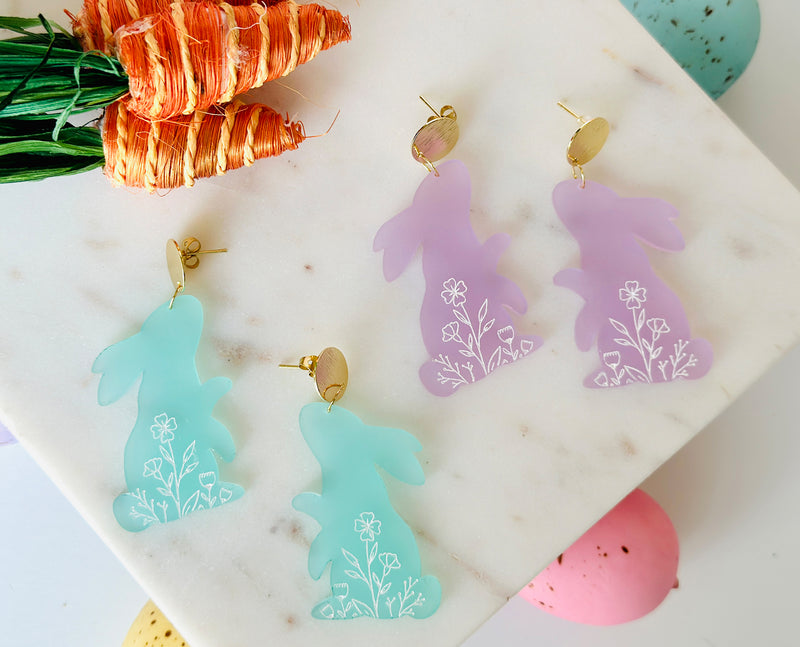 Acrylic Easter Earrings, Easter Bunny Earrings, Easter Basket Earrings, Engraved Bunny Earrings, Floral Earrings