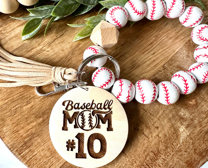 Baseball Wristlet Keychain, Baseball Wooden Wristlet Keychain, Baseball Mom Wristlet, Custom Number Baseball Mom Wristlet, Engraved Number