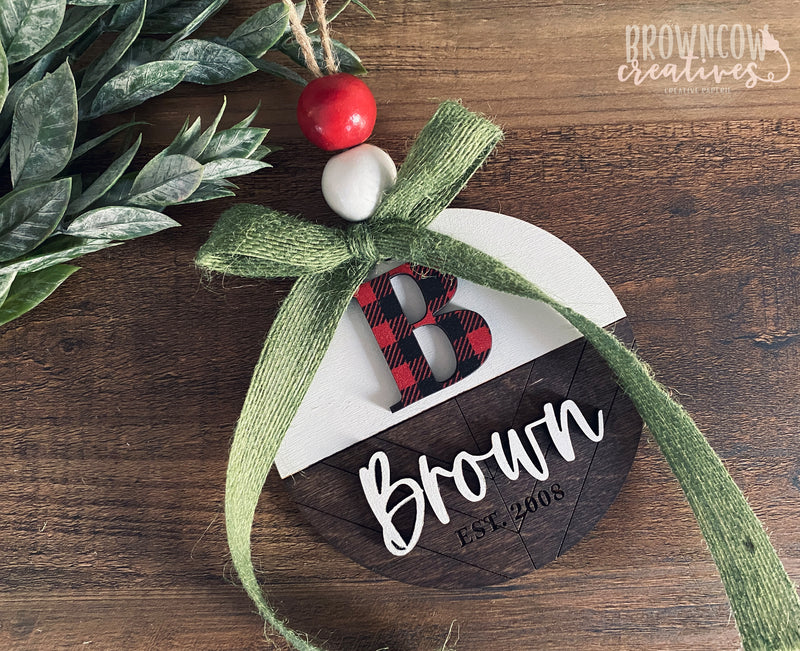 Personalized Family Monogram Wood Christmas Ornament, Engraved Date, Buffalo Check Ornament