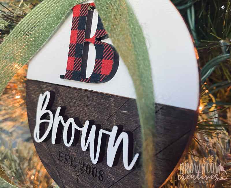 Personalized Family Monogram Wood Christmas Ornament, Engraved Date, Buffalo Check Ornament