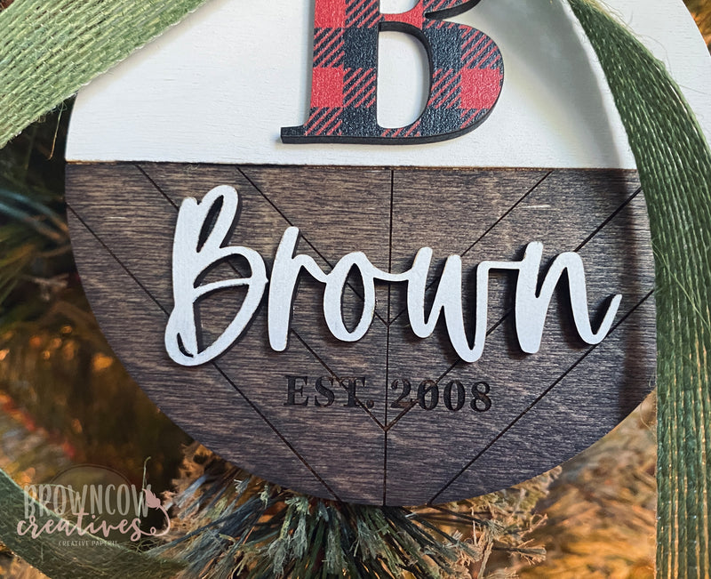 Personalized Family Monogram Wood Christmas Ornament, Engraved Date, Buffalo Check Ornament