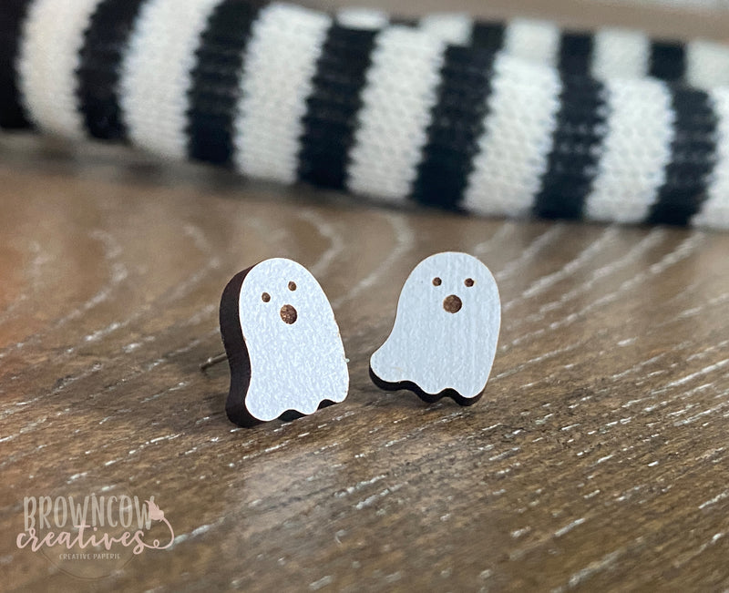 Ghosts Wood Studs, Halloween Earrings