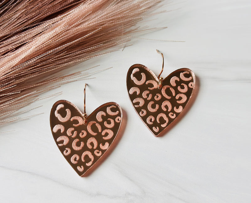 Rose Gold Leopard Heart Earrings, Valentine' Day Heart Earrings
