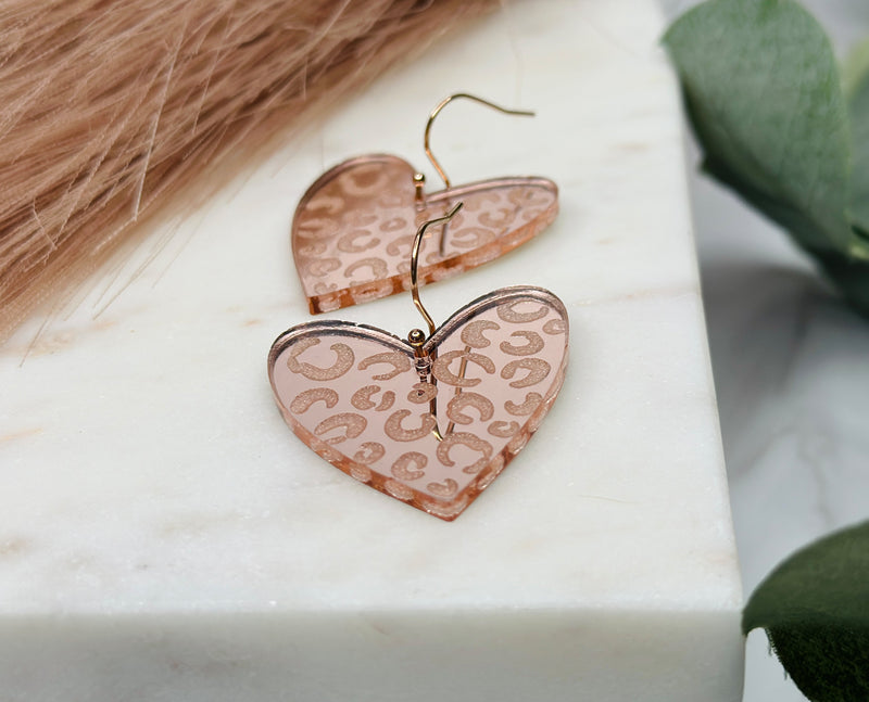 Rose Gold Leopard Heart Earrings, Valentine' Day Heart Earrings