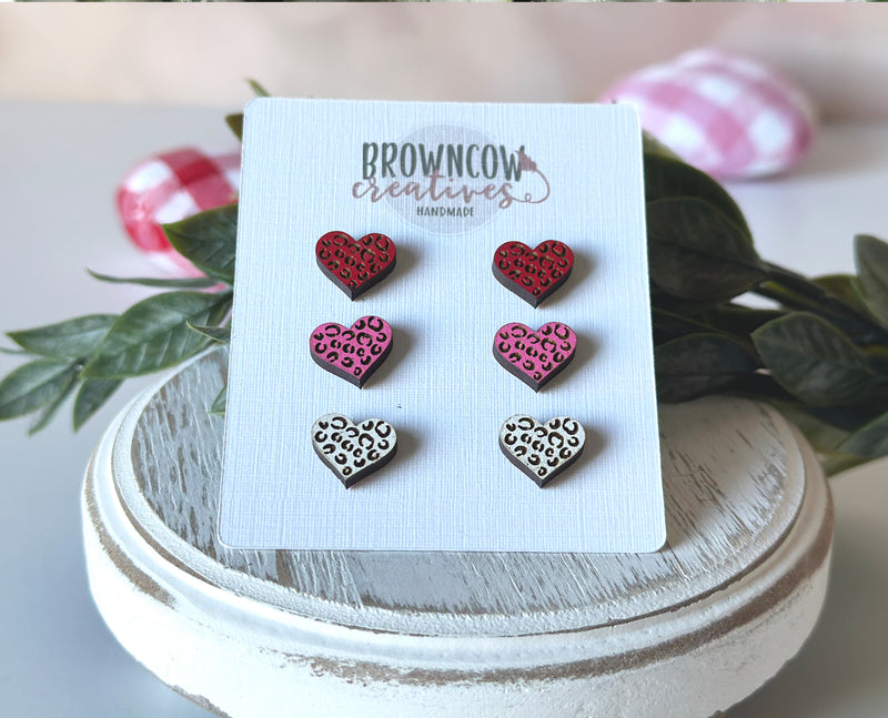 Valentine's Day Leopard Heart Engraved Stud Earrings, Valentine's Day Wood Stud Earrings