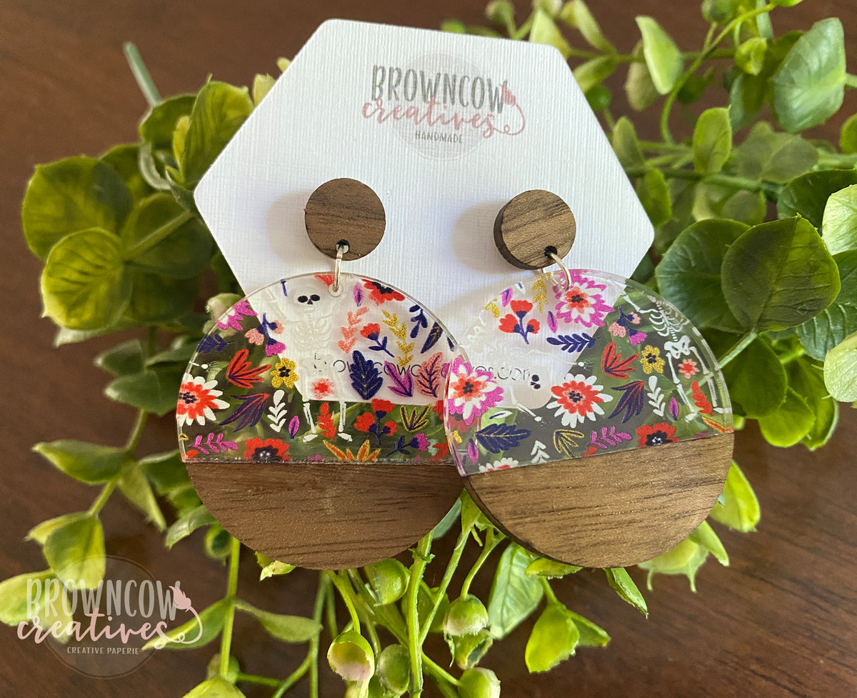 Skeleton & Flowers Halloween Acrylic + Walnut Wood Handmade Earrings