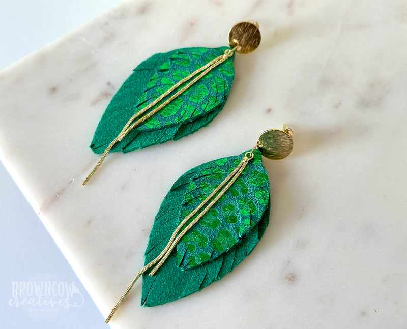 Shimmer Leopard Emerald Green Fringe Layered Earrings, St. Patrick's Day Earrings