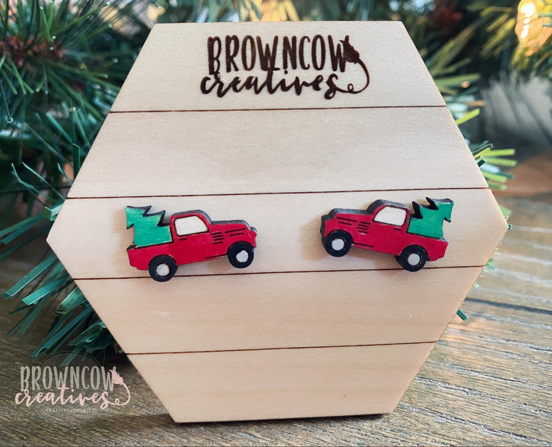 Red Vintage Christmas Truck Stud Earrings